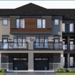 Discover a row of modern townhouses featuring brick and panel siding, large windows, and spacious balconies. Each unit offers a garage and driveway, nestled in a landscaped area with grass and shrubs. Ideal for those seeking new homes in the GTA with advanced design and comfort.