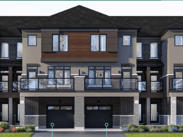 Discover a row of modern townhouses featuring brick and panel siding, large windows, and spacious balconies. Each unit offers a garage and driveway, nestled in a landscaped area with grass and shrubs. Ideal for those seeking new homes in the GTA with advanced design and comfort.