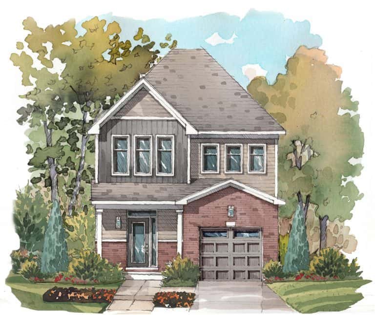 A watercolor illustration of a two-story pre-construction home with a blend of gray and brick exterior, surrounded by trees and bushes. A pathway leads to the front door and garage, under a partly cloudy sky.