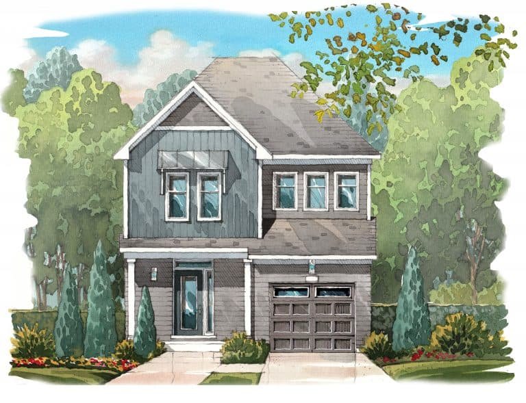 A watercolor illustration of a two-story house with gray siding and garage, reminiscent of new homes in GTA. It's surrounded by neatly trimmed shrubs and trees under a clear sky with a few clouds, while a path meanders to the front door.