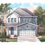 Illustration of a modern two-story house, typical of new homes in GTA, with a pitched roof, white siding, and gray accents. It features a double garage and a red front door. The surrounding yard boasts manicured bushes and trees set against a cloudy sky.