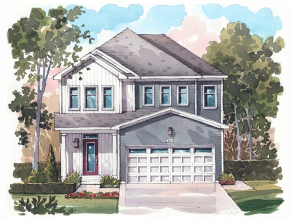 Illustration of a modern two-story house, typical of new homes in GTA, with a pitched roof, white siding, and gray accents. It features a double garage and a red front door. The surrounding yard boasts manicured bushes and trees set against a cloudy sky.