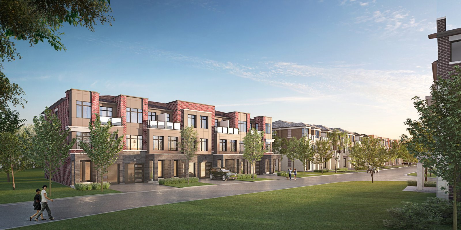 A row of modern, red-brick townhouses lines a tree-lined street. The new homes feature large windows and balconies. Two people walk along the sidewalk, and a car is parked in a driveway. The sky is clear and blue, suggesting it’s a sunny day. A row of modern, red-brick townhouses lines a tree-lined street. The new homes feature large windows and balconies. Two people walk along the sidewalk, and a car is parked in a driveway. The sky is clear and blue, suggesting it's a sunny day.