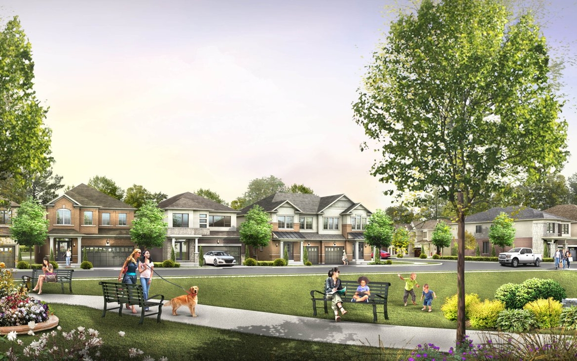 In a suburban neighborhood scene, families enjoy a park with children at play and someone walking a dog. Surrounding the park are modern houses and well-kept lawns under a clear sky, hinting at new homes in Brampton that enhance the community's charm.