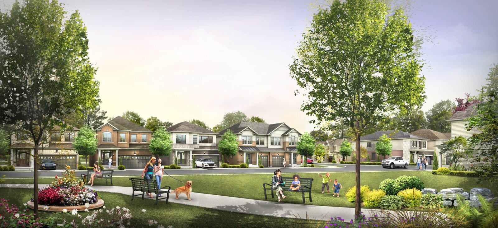 In a suburban neighborhood scene, families enjoy a park with children at play and someone walking a dog. Surrounding the park are modern houses and well-kept lawns under a clear sky, hinting at new homes in Brampton that enhance the community's charm.