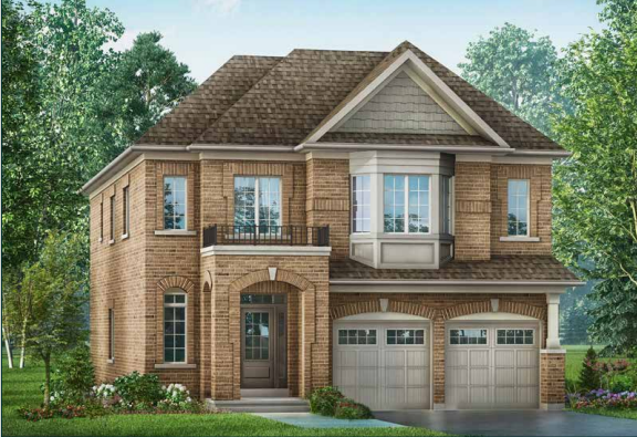 A charming two-story brick house with a gabled roof offers a balcony and bay window, complemented by two garage doors. Nestled among trees with a neatly manicured lawn, it reflects the style of new condos in GTA.