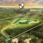 Aerial view of a green, forested area labeled "Highlands Caledon East" showcases a landscaped development with open spaces and nearby homes. The corner text reads "Private Community - Spring 2023 Gated," highlighting the exclusive allure of this serene neighborhood.