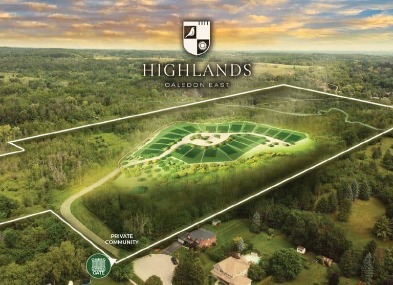 Aerial view of a green, forested area labeled "Highlands Caledon East" showcases a landscaped development with open spaces and nearby homes. The corner text reads "Private Community - Spring 2023 Gated," highlighting the exclusive allure of this serene neighborhood.