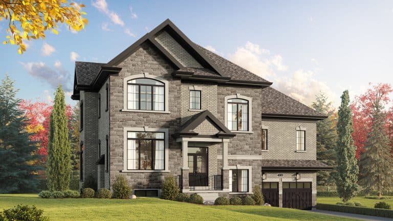 A large, two-story brick house in the Highlands with a steep roof and multiple windows. It features a double garage and a small front porch. The home is surrounded by a well-maintained lawn, bushes, and tall trees in the background under a clear sky.