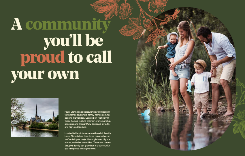 A family with two children plays near a pond, enjoying nature. Text reads, "A community you'll be proud to call your own," promoting new homes in Brampton's scenic location. The background features a church steeple and lush foliage, highlighting the charm of this exclusive setting.