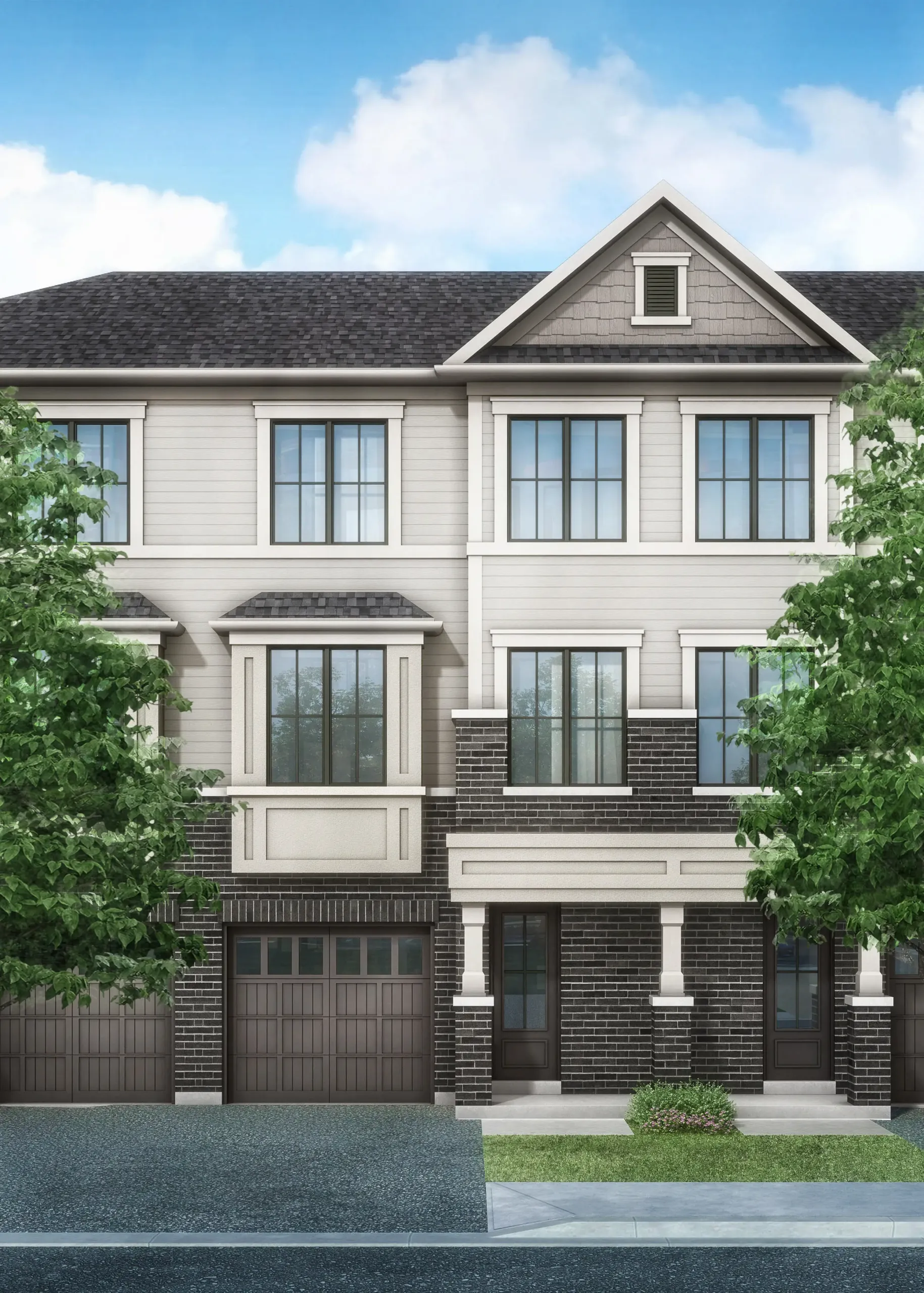 Image of a modern three-story townhouse with a gray and beige facade, large windows, and two garages. Flanked by vibrant green trees under a clear sky with scattered clouds, this residence epitomizes the charm of new homes in Brampton.