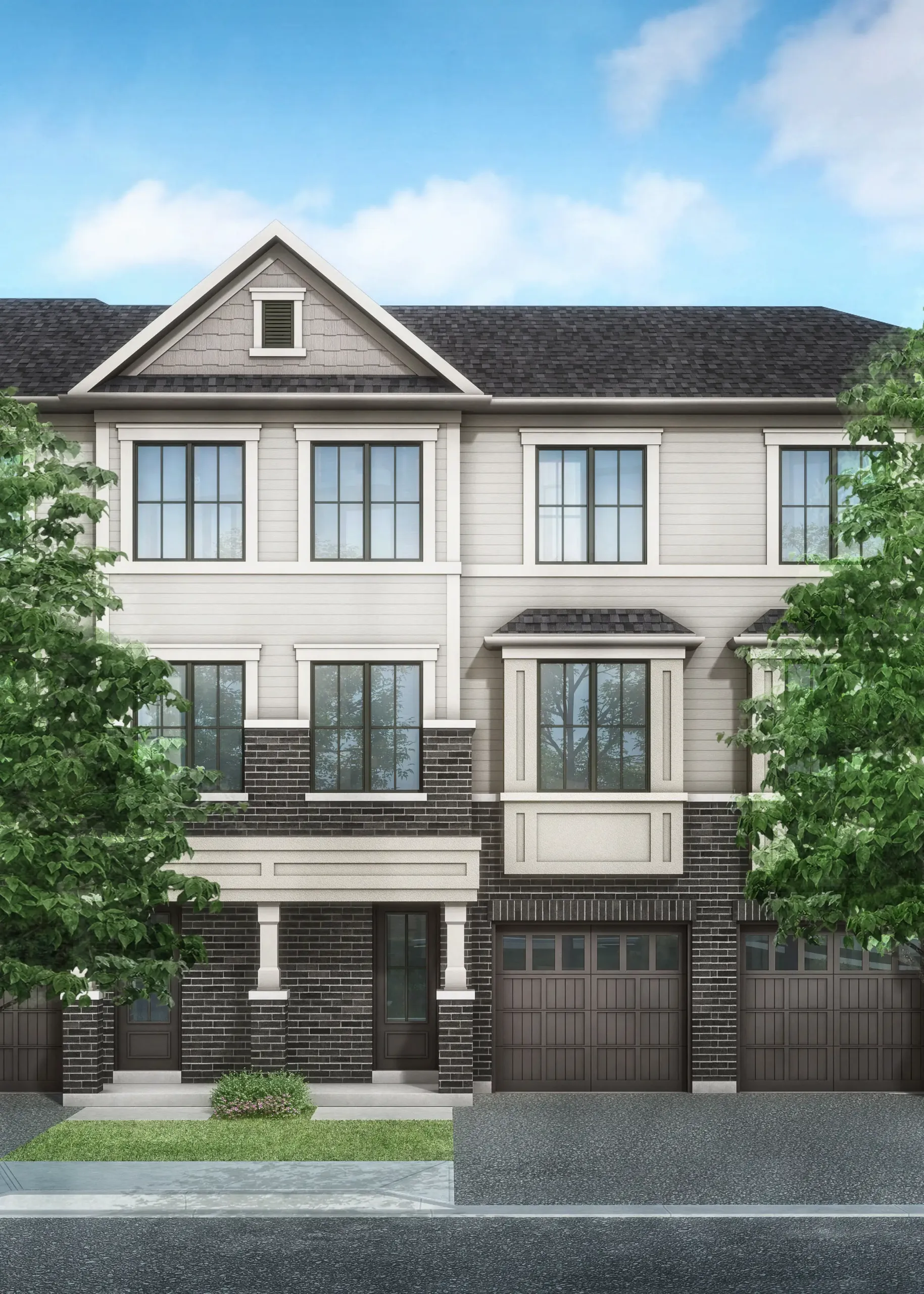 Discover a modern three-story townhouse with gray siding and dark brick accents, large windows, and two garage doors. Flanked by trees against a clear blue sky, it exemplifies the charm of new homes in Brampton.