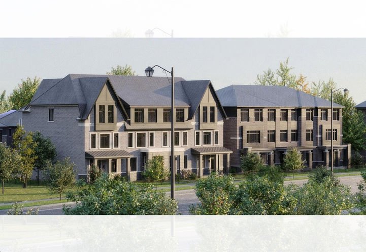 A row of modern townhouses with sloped roofs, two stories high, and large windows. These new homes are surrounded by small trees and bushes, with a street and lamppost in front. The clear sky suggests a sunny day perfect for exploring these vibrant neighborhoods.