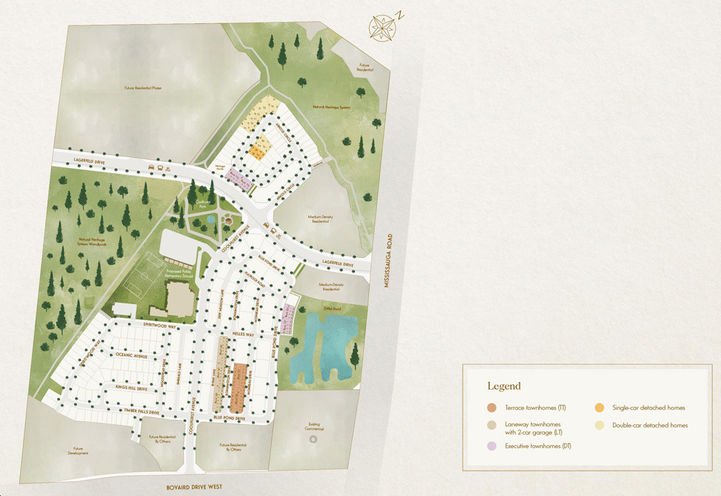 Discover a detailed map showcasing a residential development with various home styles, including new homes in Brampton. The layout features labeled roads and a legend indicating terrace, semi-detached, double, and executive homes, complemented by a small pond and greenery.