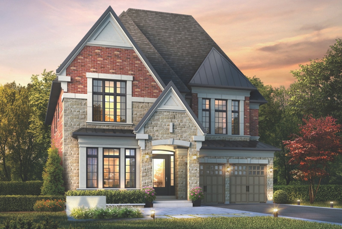 A modern two-story house with a brick and stone facade features large windows and a double garage. The well-kept garden is adorned with flowering plants and trees. A vibrant sky suggests sunset or sunrise, reminiscent of the elegance seen in new homes in Toronto.