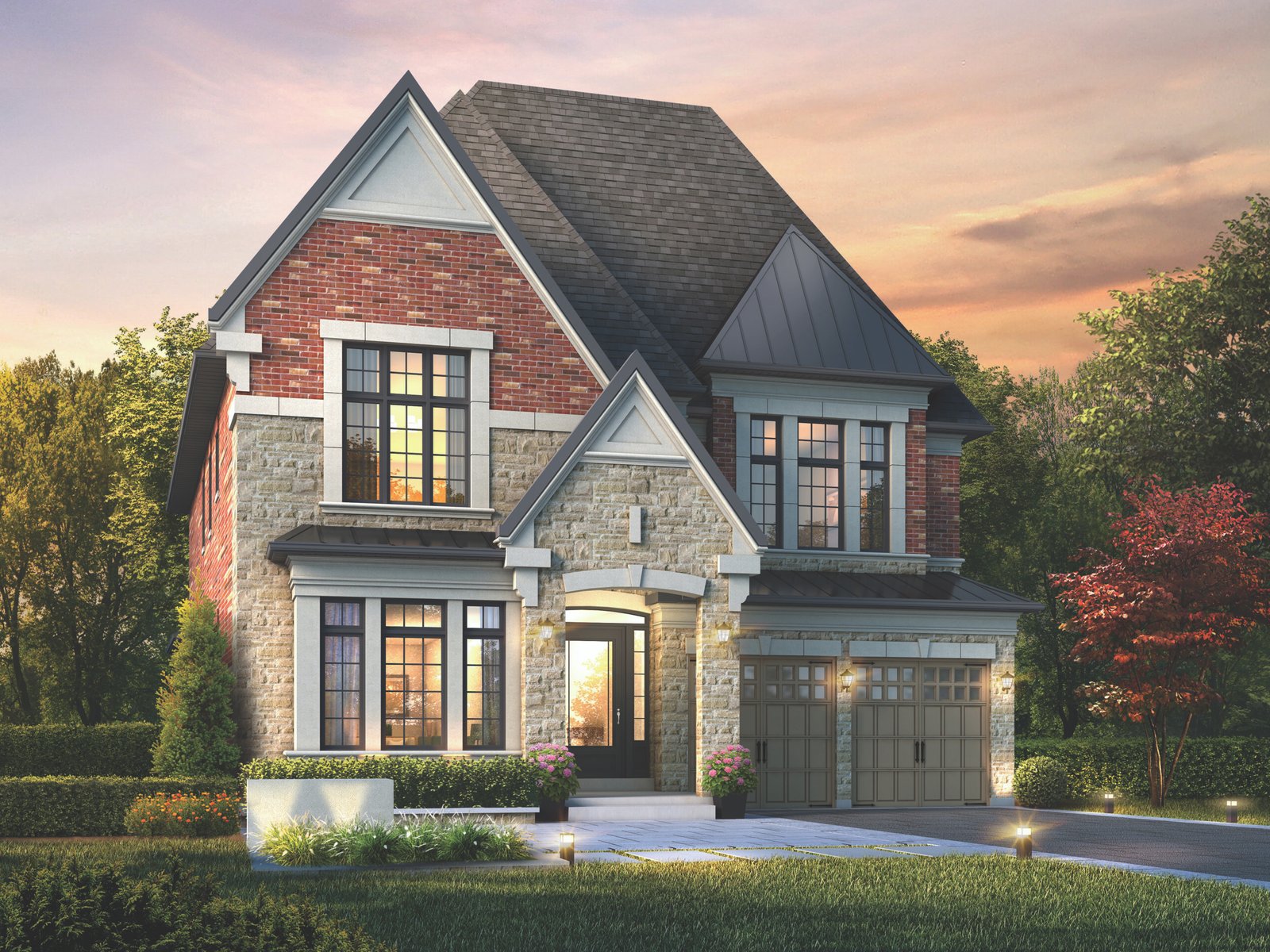 A modern two-story house with a brick and stone facade features large windows and a double garage. The well-kept garden is adorned with flowering plants and trees. A vibrant sky suggests sunset or sunrise, reminiscent of the elegance seen in new homes in Toronto.