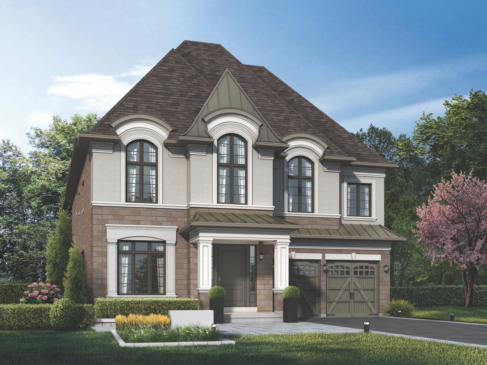A beautiful two-story house in Toronto showcases a stunning blend of stone and stucco exterior, with tall arched windows and a steep hip roof. The property includes a garage amidst green shrubs and a blooming tree, all framed by lush trees against a clear blue sky. Perfect for those seeking new homes.