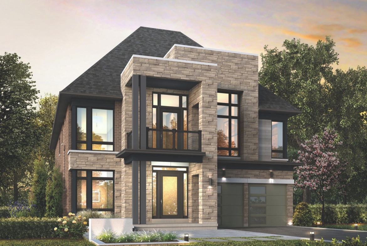 Discover a stunning modern two-story house with large windows, a stone facade, and a sloped dark roof. Nestled among trees and a small garden, it is brilliantly showcased by soft outdoor lighting at sunset. Perfect for those exploring new homes in Toronto's vibrant landscape.