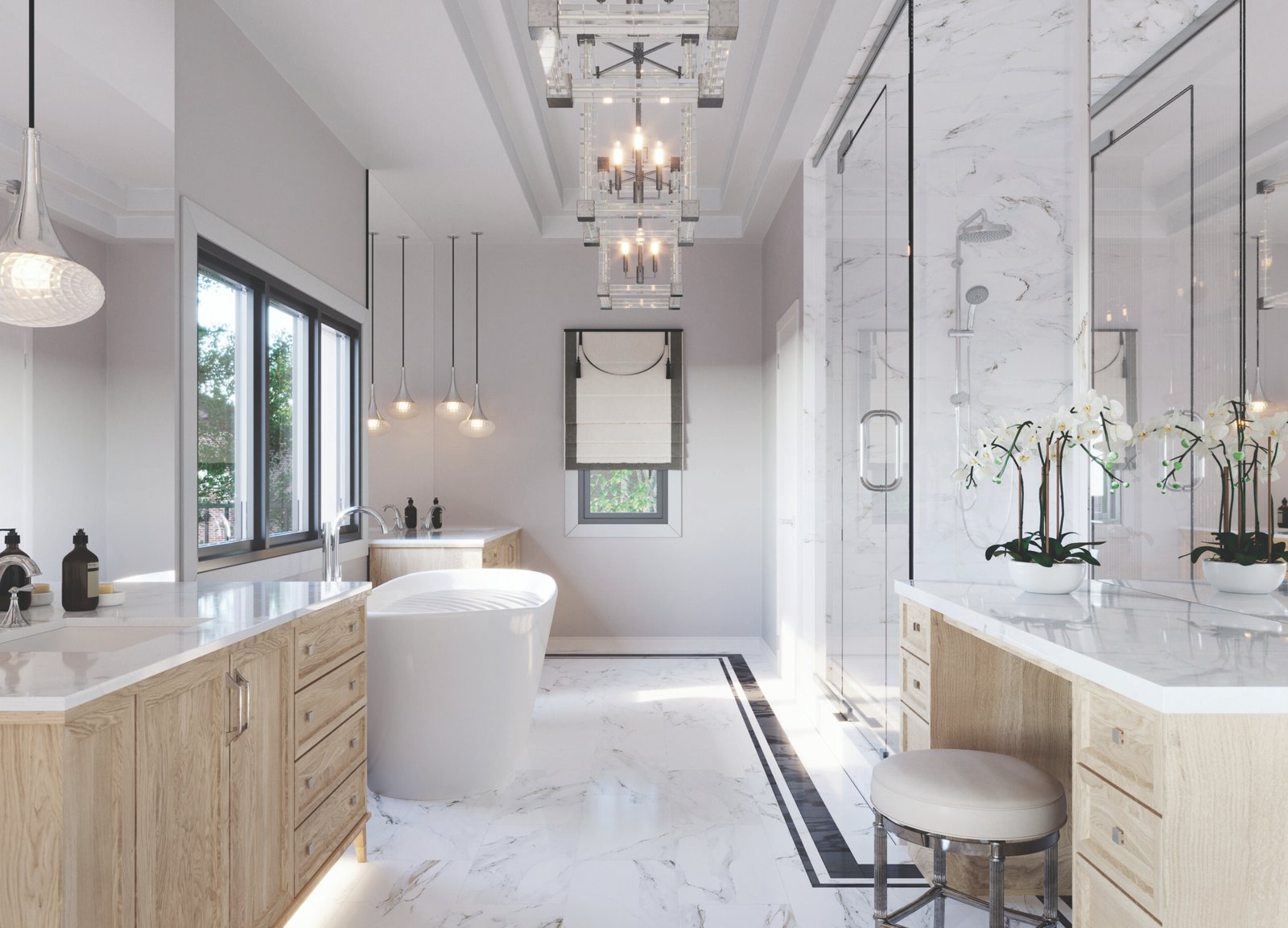 Discover a luxurious bathroom in one of the new homes featuring a freestanding bathtub, marble flooring, and countertops. Enjoy a spacious glass-enclosed shower, dual vanities with wooden cabinetry, and elegant pendant lighting complemented by orchids placed on the counter.