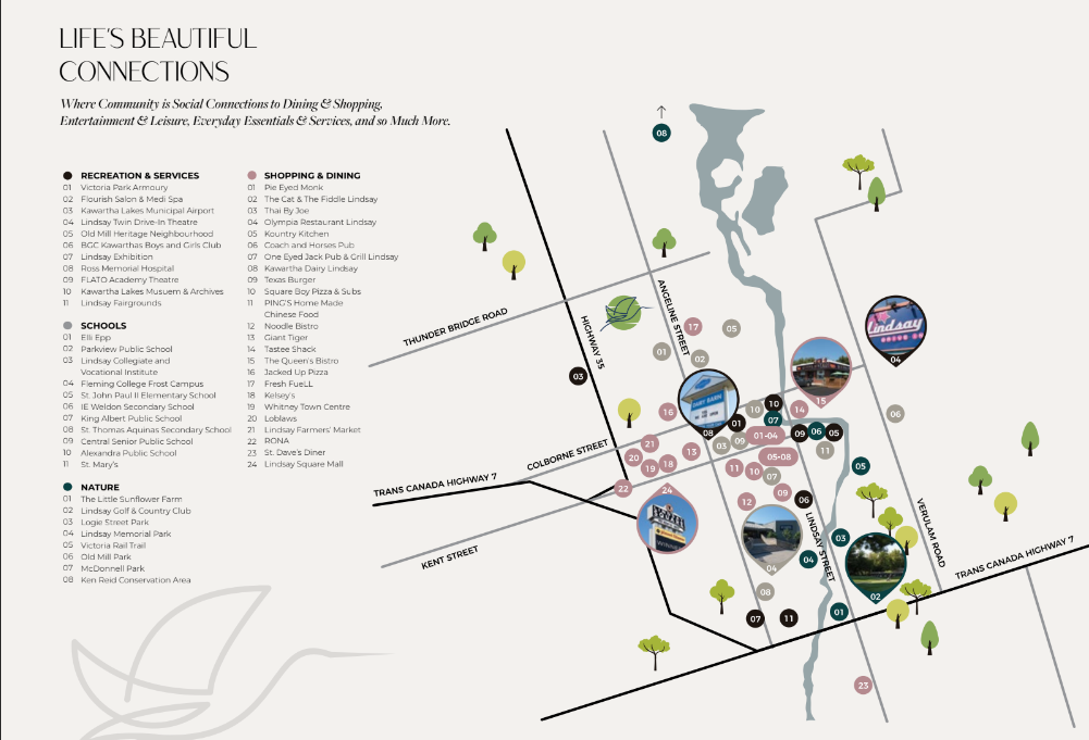 Stylized map highlighting various locations, including recreation, nature spots, shopping, dining, and services. Icons and labels show key points of interest along streets and highways with illustrations. Discover new homes in Brampton interspersed among lush trees and serene waterways.