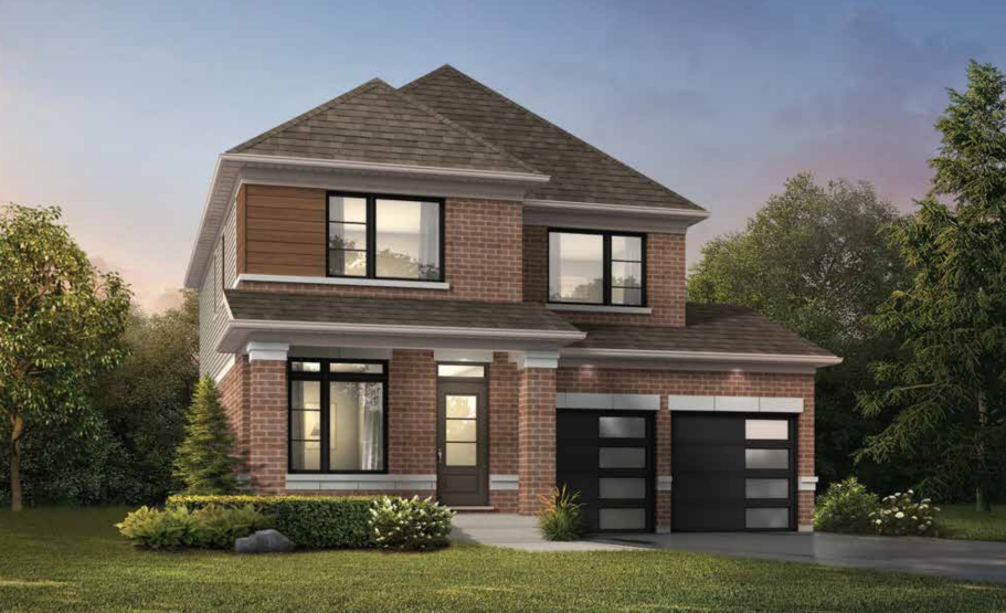 A modern two-story brick house with large windows and two sleek black garage doors stands elegantly. Surrounded by lush greenery, including grass and trees, it offers a serene retreat under a clear dusk sky—an ideal choice for those exploring pre-construction homes.