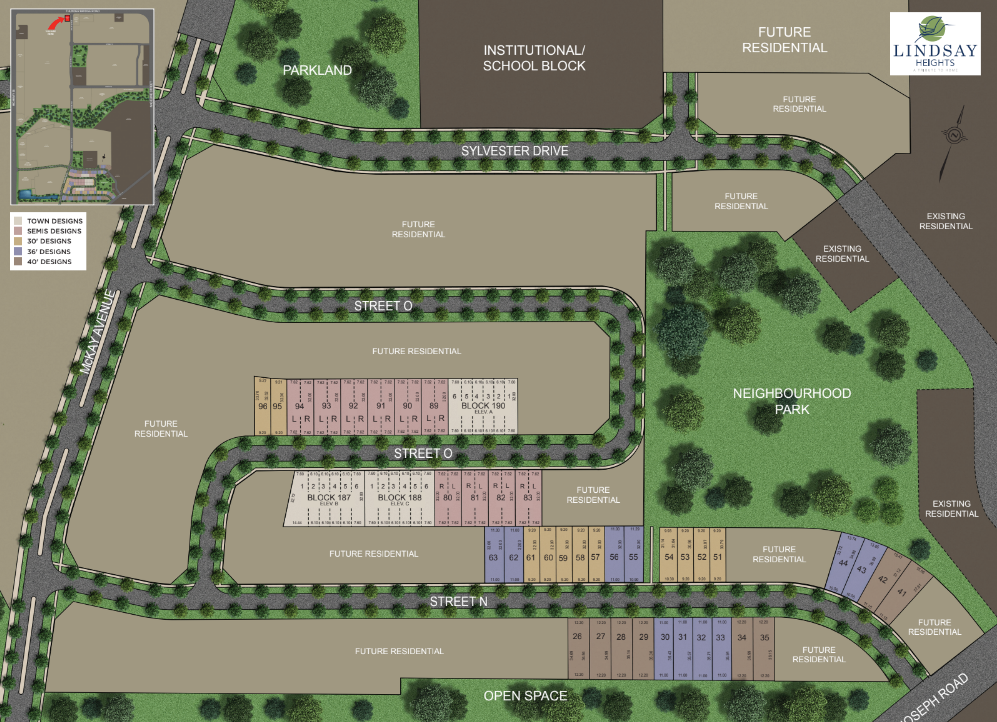 The site plan of the residential development highlights future plots for new homes in Brampton, alongside parkland and a school block. Streets are clearly labeled with visible plot numbers. A key is provided to indicate the varying lot sizes and orientations within this pre-construction community.