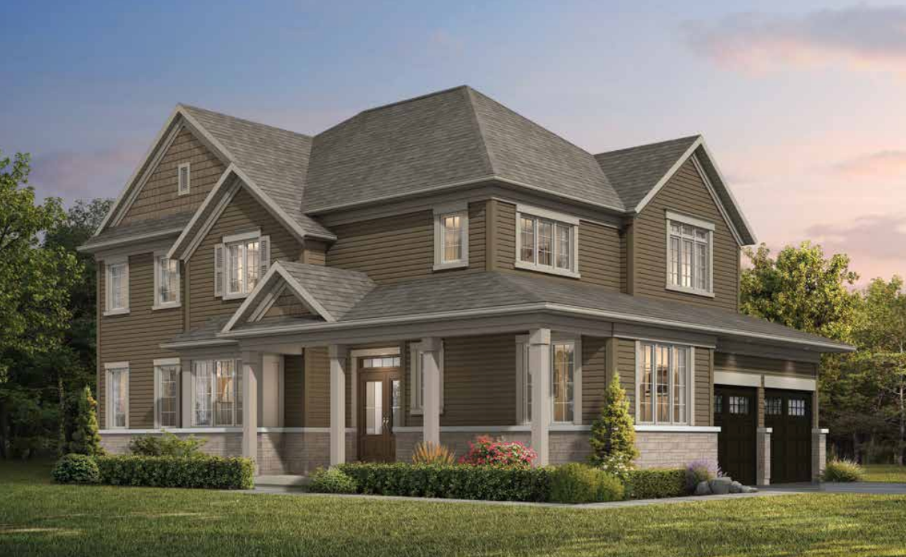 A charming two-story, brown wooden house with a gabled roof and double garage. It boasts large windows and a front porch. Surrounded by lush greenery and a well-maintained lawn, this new home offers serene sunset views in the backdrop.