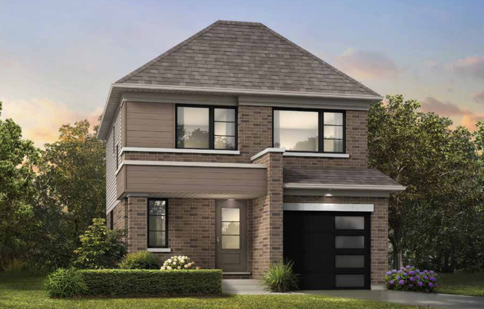 A two-story house with a brick facade and black-framed windows, this new home features a dark garage door and a charming front garden with shrubs and flowers. Surrounded by trees under a warm sunset glow, it offers an inviting setting perfect for those seeking pre-construction homes.