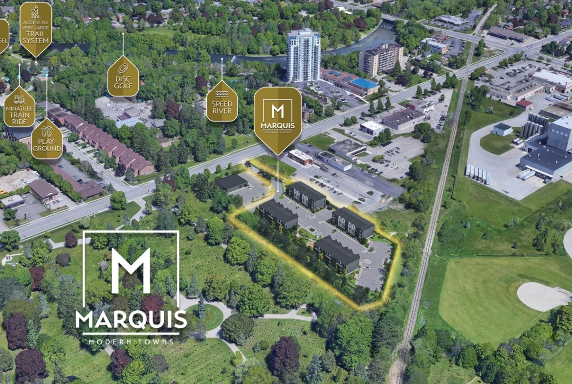 Aerial view of a residential area featuring the planned development "Marquis Modern Towns." Nearby amenities include a golf course, splash pad, disc golf, river, and sports courts. Surrounded by green landscapes and buildings, this location offers pre-construction homes with stunning views.