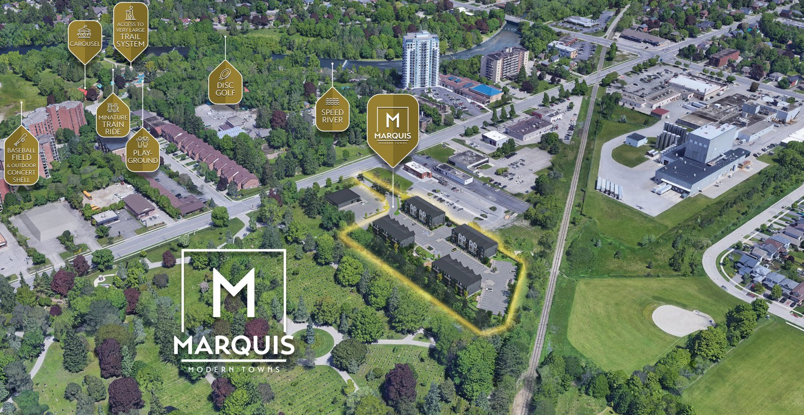 Aerial view of a residential area featuring the planned development "Marquis Modern Towns." Nearby amenities include a golf course, splash pad, disc golf, river, and sports courts. Surrounded by green landscapes and buildings, this location offers pre-construction homes with stunning views.