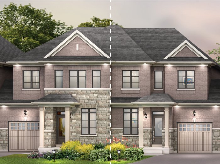 A semi-detached house with a brick and stone facade. Each unit features a garage, front porch, and generous windows. The surroundings boast lush greenery and flowering plants, under an overcast sky suggesting early evening. Perfect for those exploring pre-construction homes.