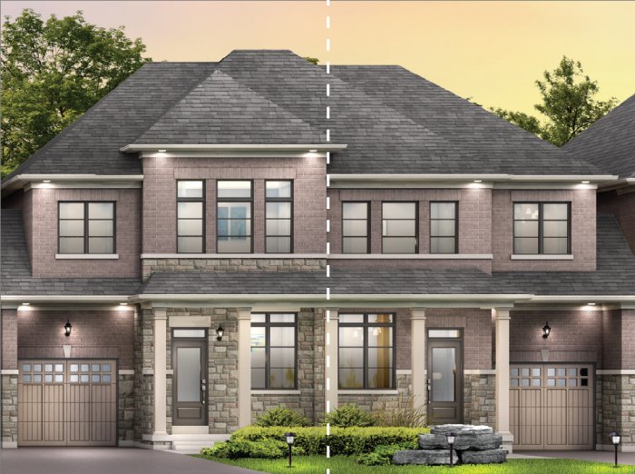 A digitally rendered image of new condos in the GTA, featuring a two-story duplex with gray roofs and brick exteriors. Each side boasts a garage and large windows. A dotted line divides the building symmetrically, nestled among greenery under a warm sky.