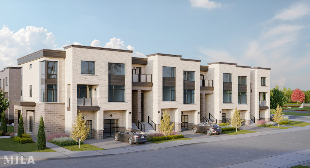 A row of modern, three-story townhouses with light brick exteriors, large windows, and small balconies sits in a beautifully landscaped area with trees and shrubs. Two cars are parked in the driveway under a partly cloudy sky. These are new homes in Brampton primed for elegance and comfort.