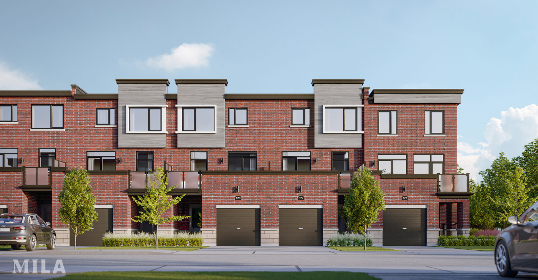 A row of modern two-story brick townhouses with large windows and attached garages, seen from the street, showcases new homes in Brampton. Two cars are parked on the road, while small trees and shrubs add charm to each townhouse front.