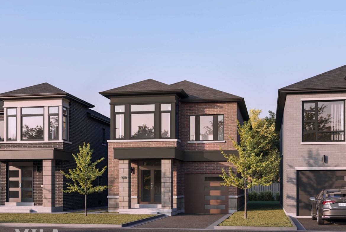 A row of modern two-story houses with brick and dark siding exteriors, each featuring large windows and a small front lawn with a young tree. The clear sky and bright daylight enhance the appeal of these new homes in Brampton.
