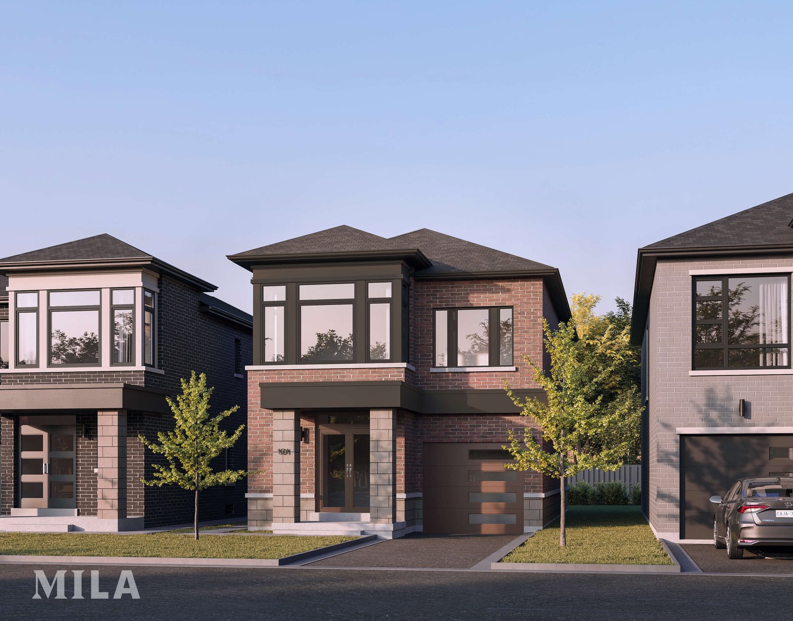 A row of modern two-story houses with brick and dark siding exteriors, each featuring large windows and a small front lawn with a young tree. The clear sky and bright daylight enhance the appeal of these new homes in Brampton.
