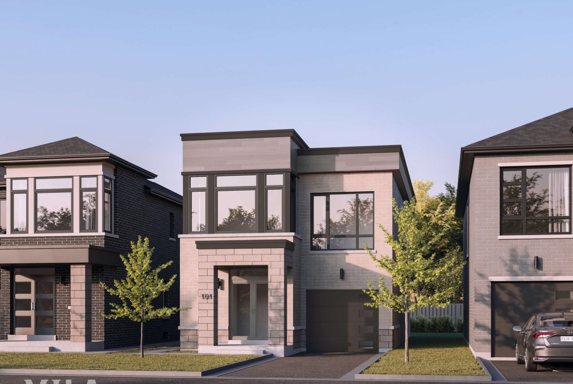 This modern two-story house with large windows and an attached garage showcases a facade of stone and dark gray materials. Nestled among similar properties, this new home features small trees in front and a neatly paved driveway, embodying contemporary design.