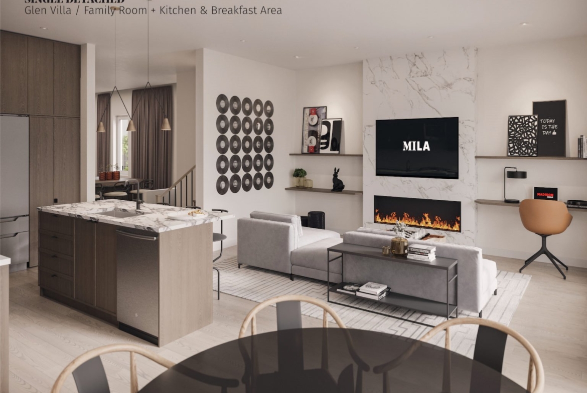 Discover this modern family room in a new home, featuring a sleek kitchen with a marble island. Comfortable gray sofas complement the wall-mounted TV above the fireplace. Decor highlights circular vinyl records and books, with an open concept dining area in warm, neutral tones.