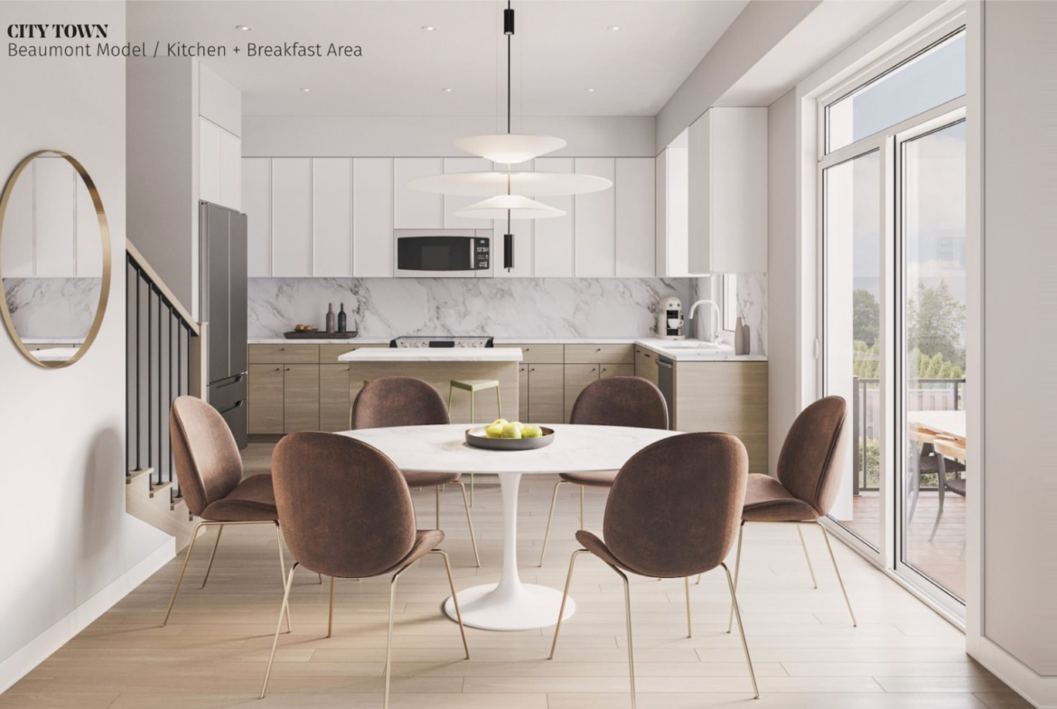 A modern kitchen and breakfast area featuring light wood floors, a round white table, and six brown upholstered chairs. Stainless steel appliances and white cabinets complement the marble backsplash. Large windows and a sliding door provide natural light, perfect for those seeking new condos in GTA.