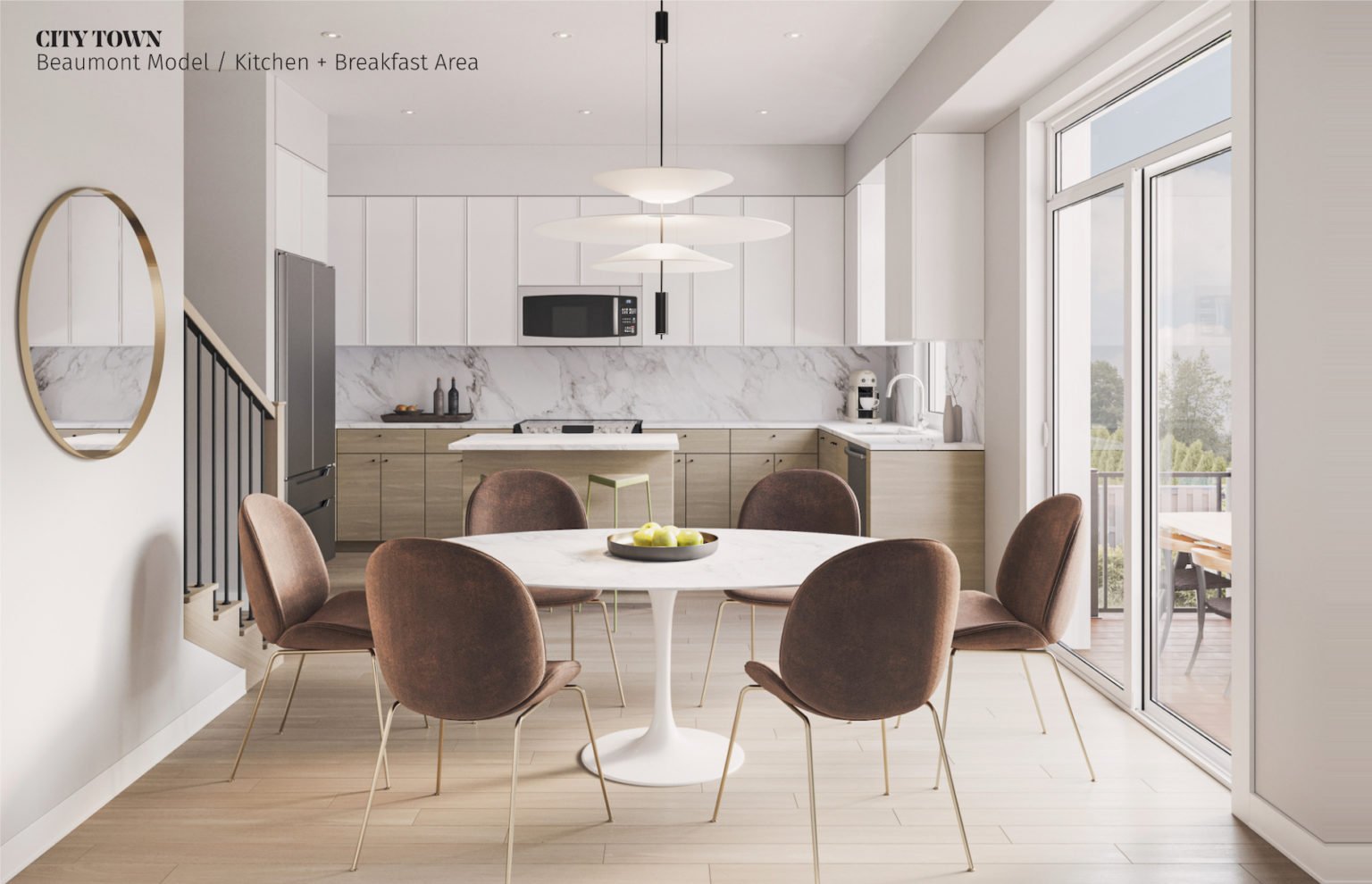 A modern kitchen and breakfast area featuring light wood floors, a round white table, and six brown upholstered chairs. Stainless steel appliances and white cabinets complement the marble backsplash. Large windows and a sliding door provide natural light, perfect for those seeking new condos in GTA.