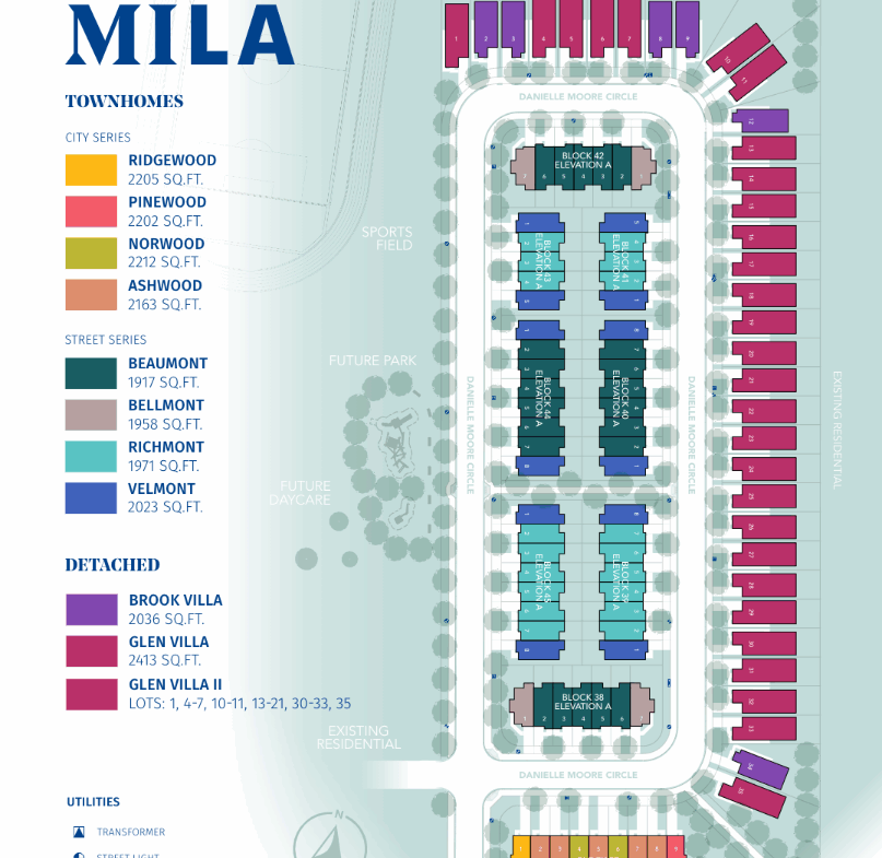 Explore the site map of the MILA residential area, showcasing townhomes and detached homes with a color-coded key. It includes road names, utility symbols, and a north arrow. Future park and residential areas are marked, perfect for those interested in pre-construction homes.
