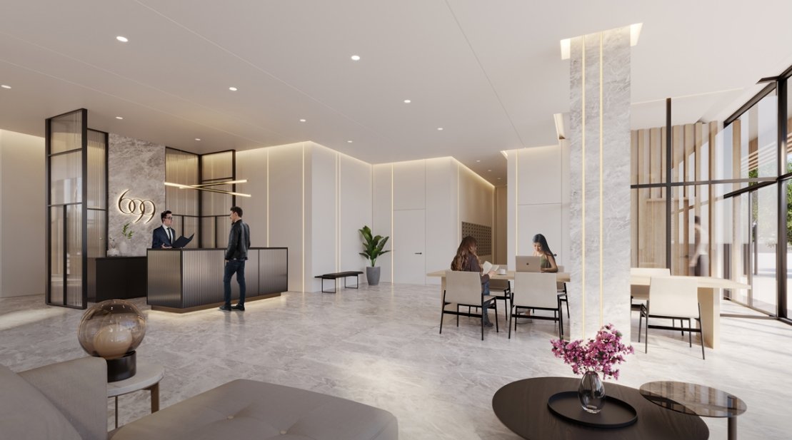 A modern hotel lobby with a marble floor, reception desk on the left, and people sitting at tables on the right. The minimalist design, soft lighting, and decorative plants create an inviting atmosphere. Large windows allow natural light to fill the area, reminiscent of new condos in GTA for those seeking elegance.