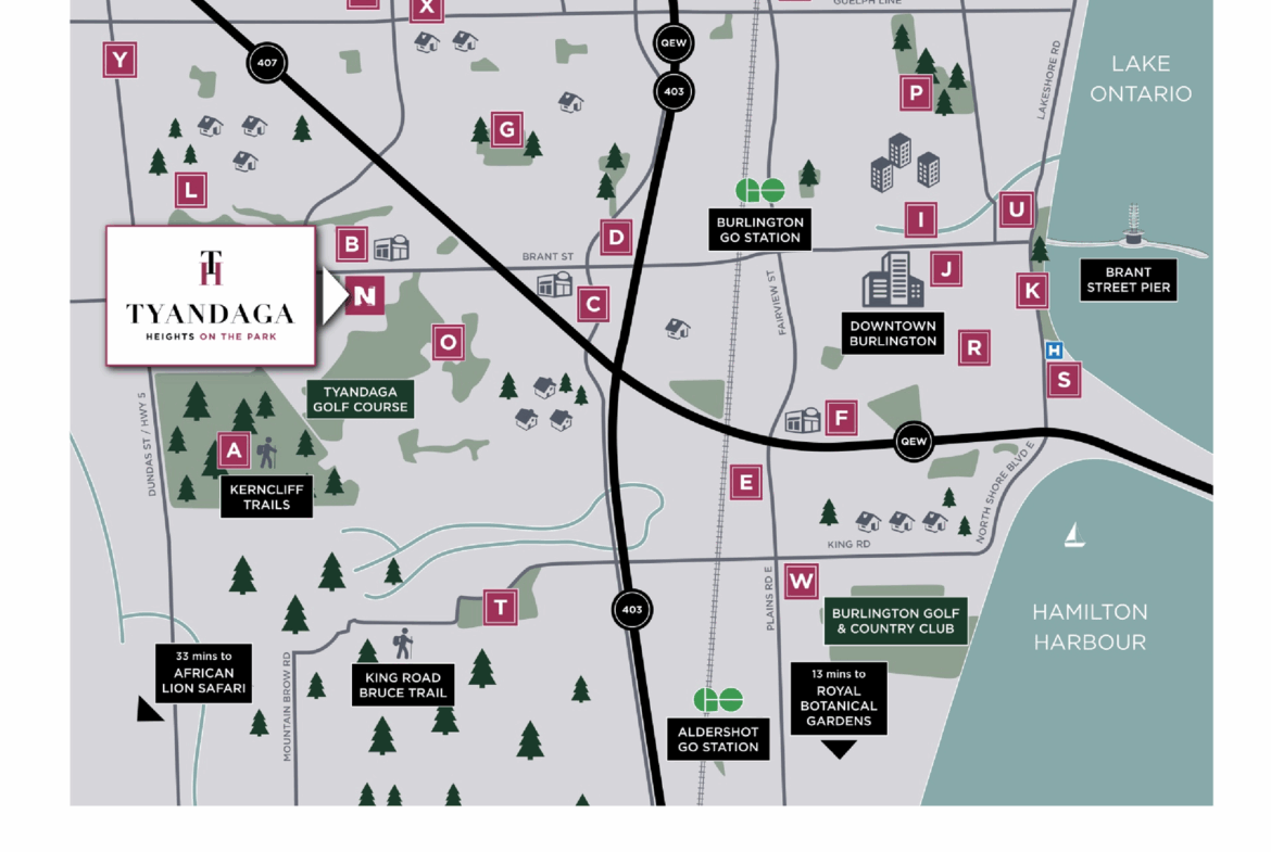 Discover the detailed map of Tyandaga, Burlington, Ontario, highlighting roads, parks, and landmarks. Key sites like Burlington Golf & Country Club and Hamilton Harbour are featured. The map includes labeled areas such as F, G, N, Q, and E. Explore the allure of new homes in Toronto while navigating this vibrant region.