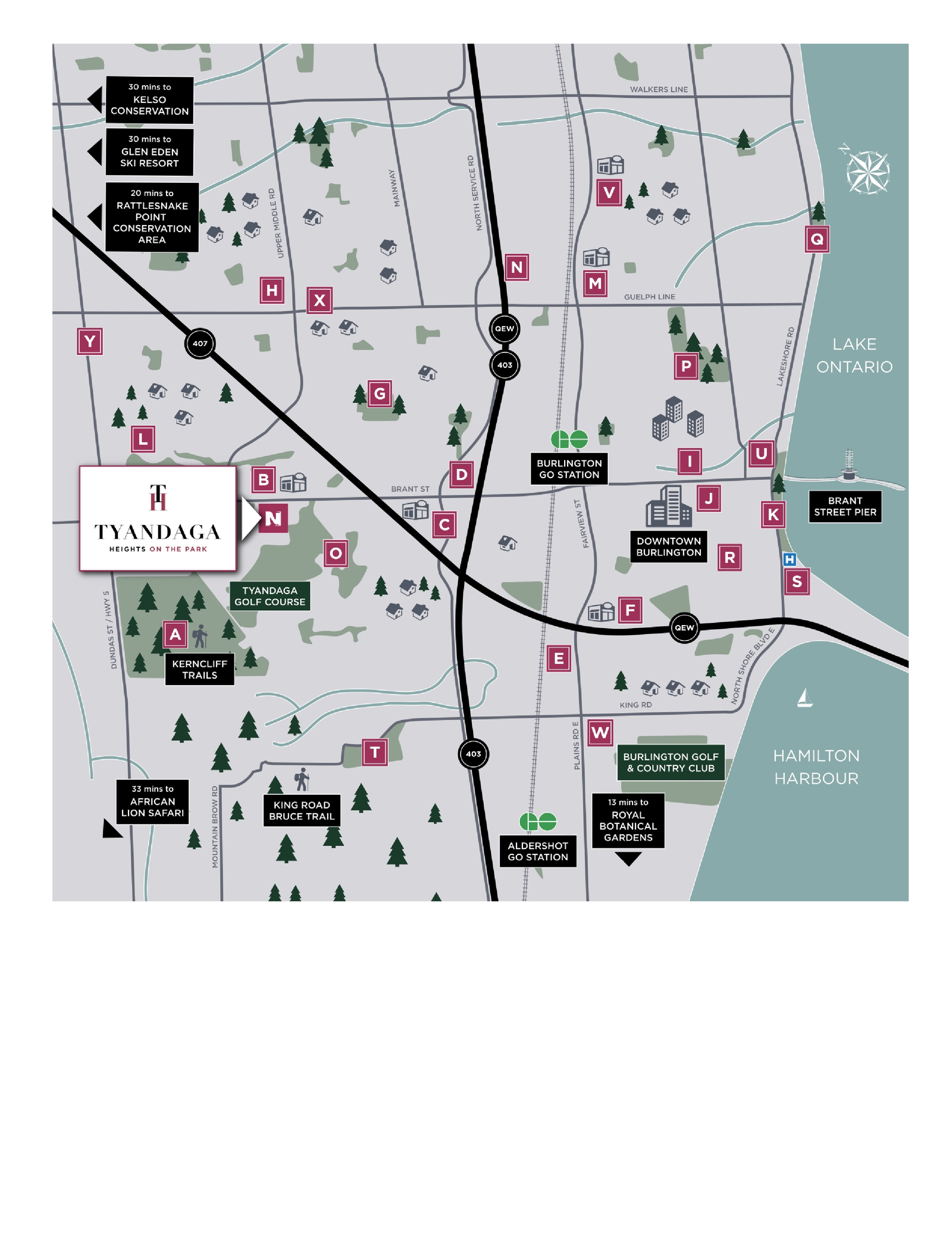 Discover the detailed map of Tyandaga, Burlington, Ontario, highlighting roads, parks, and landmarks. Key sites like Burlington Golf & Country Club and Hamilton Harbour are featured. The map includes labeled areas such as F, G, N, Q, and E. Explore the allure of new homes in Toronto while navigating this vibrant region.