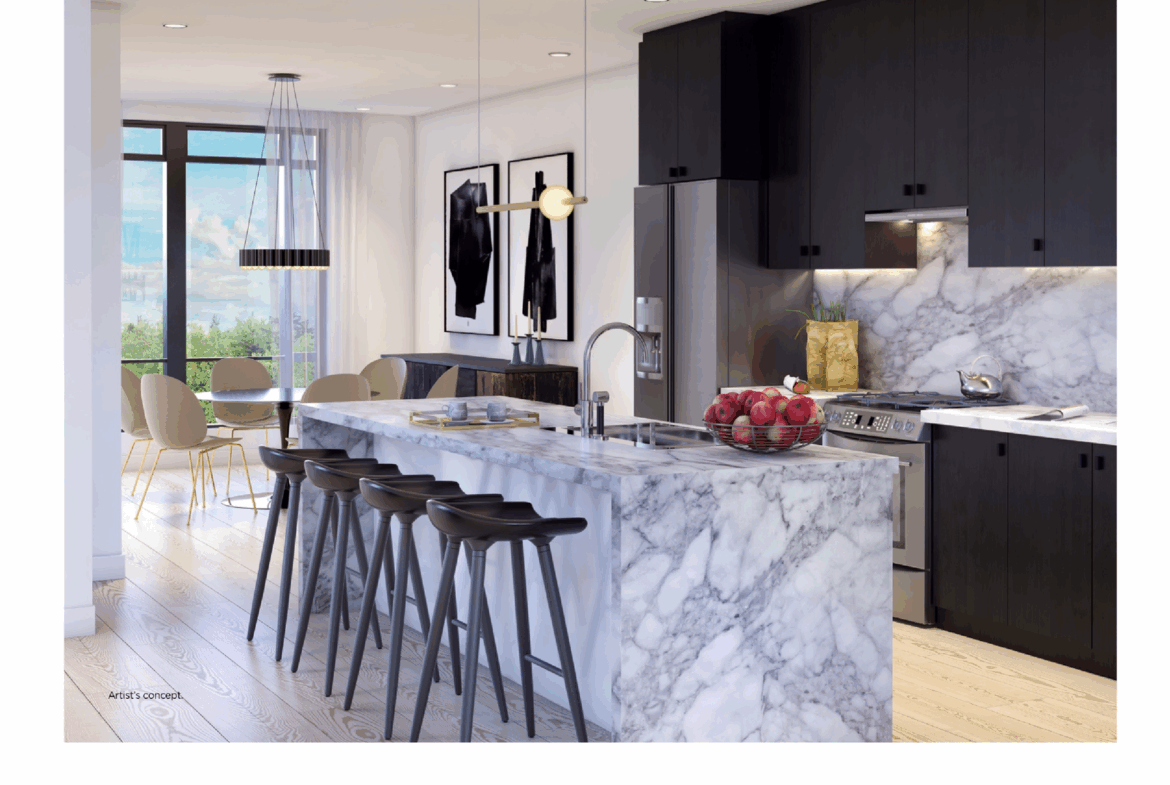 Modern kitchen interior with marble countertops and island, black cabinets, and wooden bar stools. A dining table by large windows offers a view of greenery. Pendant lights hang from the ceiling, adding elegance to this space in new homes in Toronto.