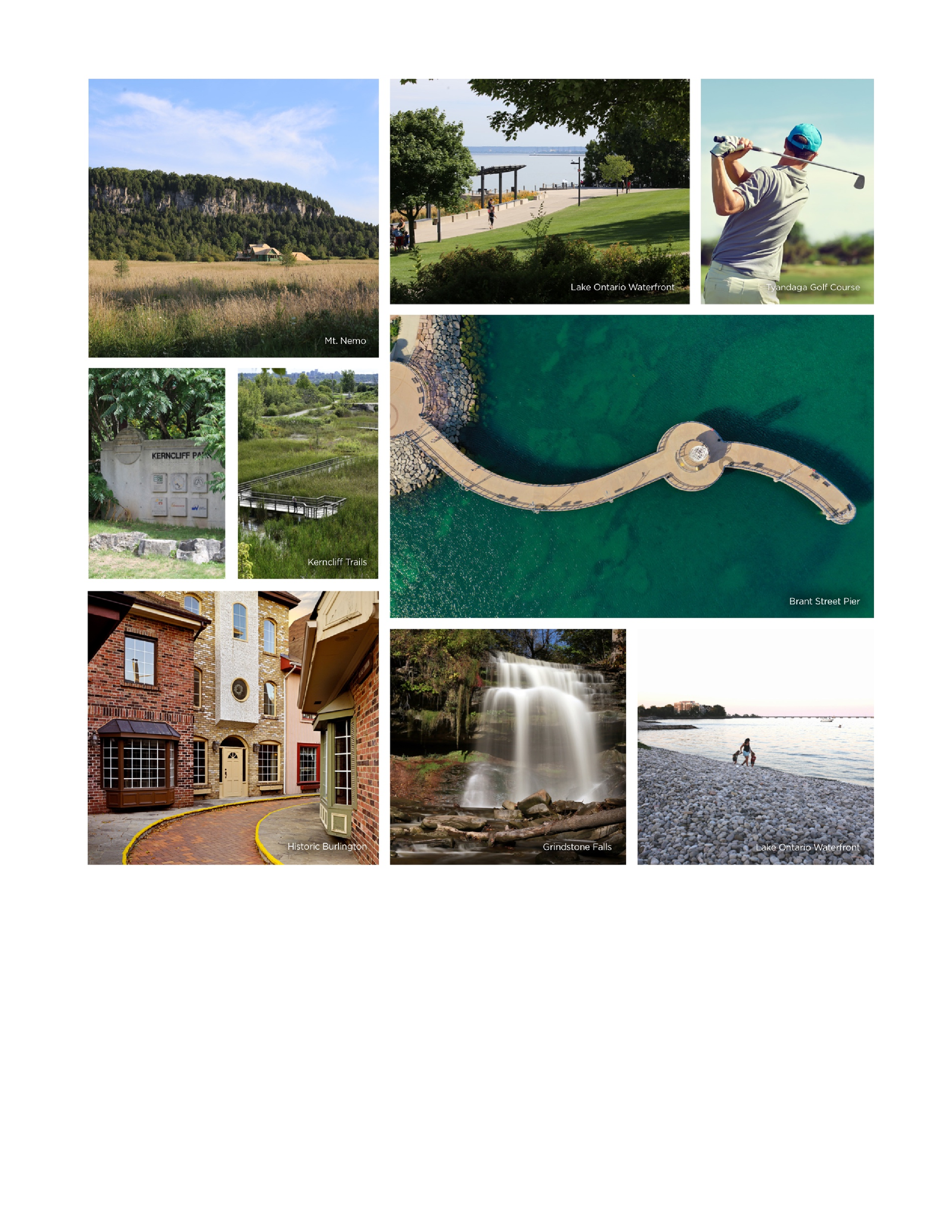 A collage of outdoor scenes: a hillside cabin, lake walkway, golfer swinging, Stonehill Winery sign, Brant Street Pier aerial view, Lakeside Shopping, Greeter Falls, and a person walking on the beach. Perfect for those exploring new homes and enjoying nature's diverse landscapes.