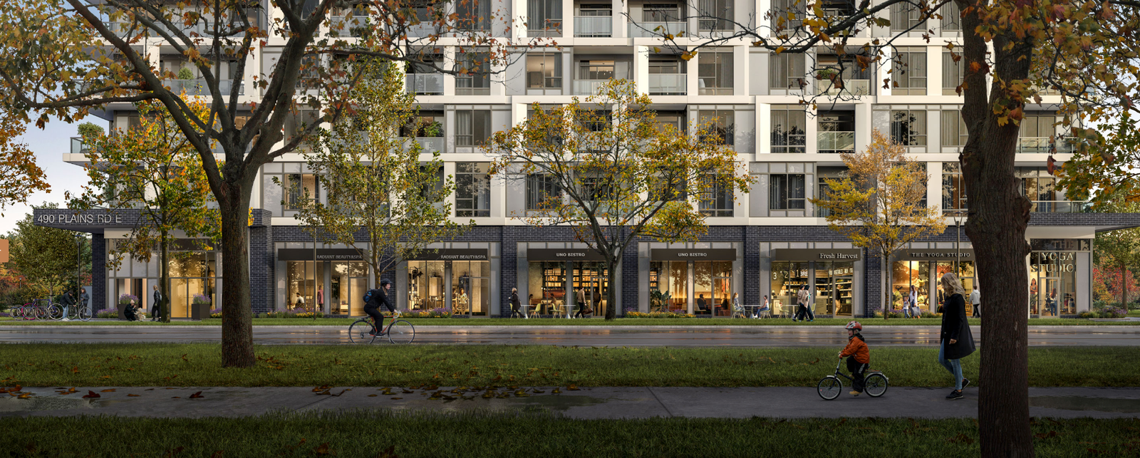 Discover new condos in the GTA within this modern apartment building, boasting retail shops on the ground floor. People stroll and ride bicycles along a tree-lined sidewalk, with autumn leaves scattered across the grass. Discover new condos in the GTA within this modern apartment building, boasting retail shops on the ground floor. People stroll and ride bicycles along a tree-lined sidewalk, with autumn leaves scattered across the grass.