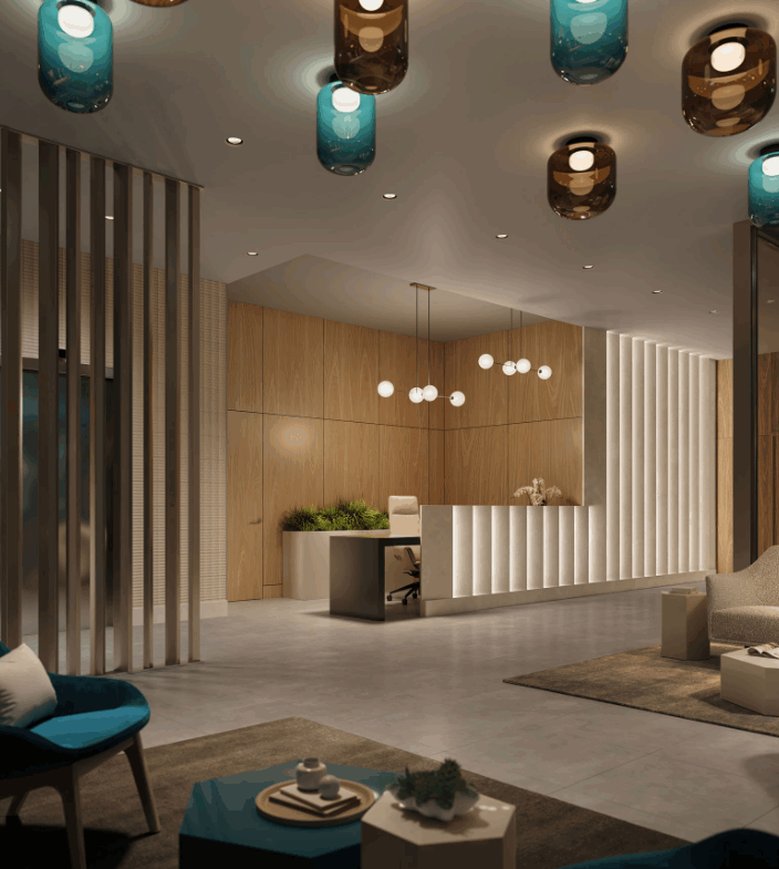 A modern lobby with wooden accents and contemporary lighting welcomes visitors. Sleek chairs, a desk adorned with plants and a computer, and geometric ceiling lights create a sophisticated atmosphere. The calm space's blend of blue and neutral tones is reminiscent of new homes' elegant designs.