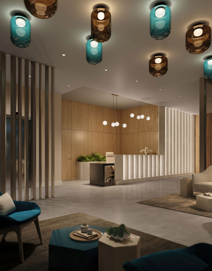 A modern lobby with wooden accents and contemporary lighting welcomes visitors. Sleek chairs, a desk adorned with plants and a computer, and geometric ceiling lights create a sophisticated atmosphere. The calm space’s blend of blue and neutral tones is reminiscent of new homes’ elegant designs. A modern lobby with wooden accents and contemporary lighting welcomes visitors. Sleek chairs, a desk adorned with plants and a computer, and geometric ceiling lights create a sophisticated atmosphere. The calm space's blend of blue and neutral tones is reminiscent of new homes' elegant designs.