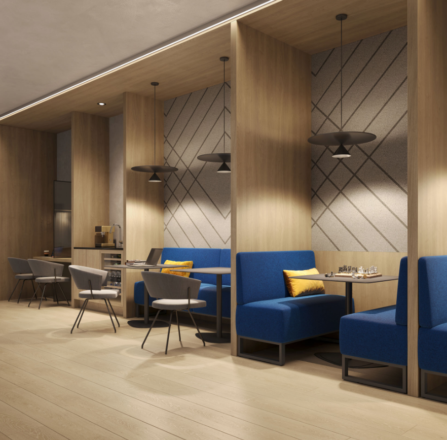 A modern lounge area with wooden interiors features blue booths with yellow cushions, round tables, and gray chairs. Geometric wall patterns and pendant lights create a cozy ambiance, perfect for those exploring new homes in Toronto. A modern lounge area with wooden interiors features blue booths with yellow cushions, round tables, and gray chairs. Geometric wall patterns and pendant lights create a cozy ambiance, perfect for those exploring new homes in Toronto.